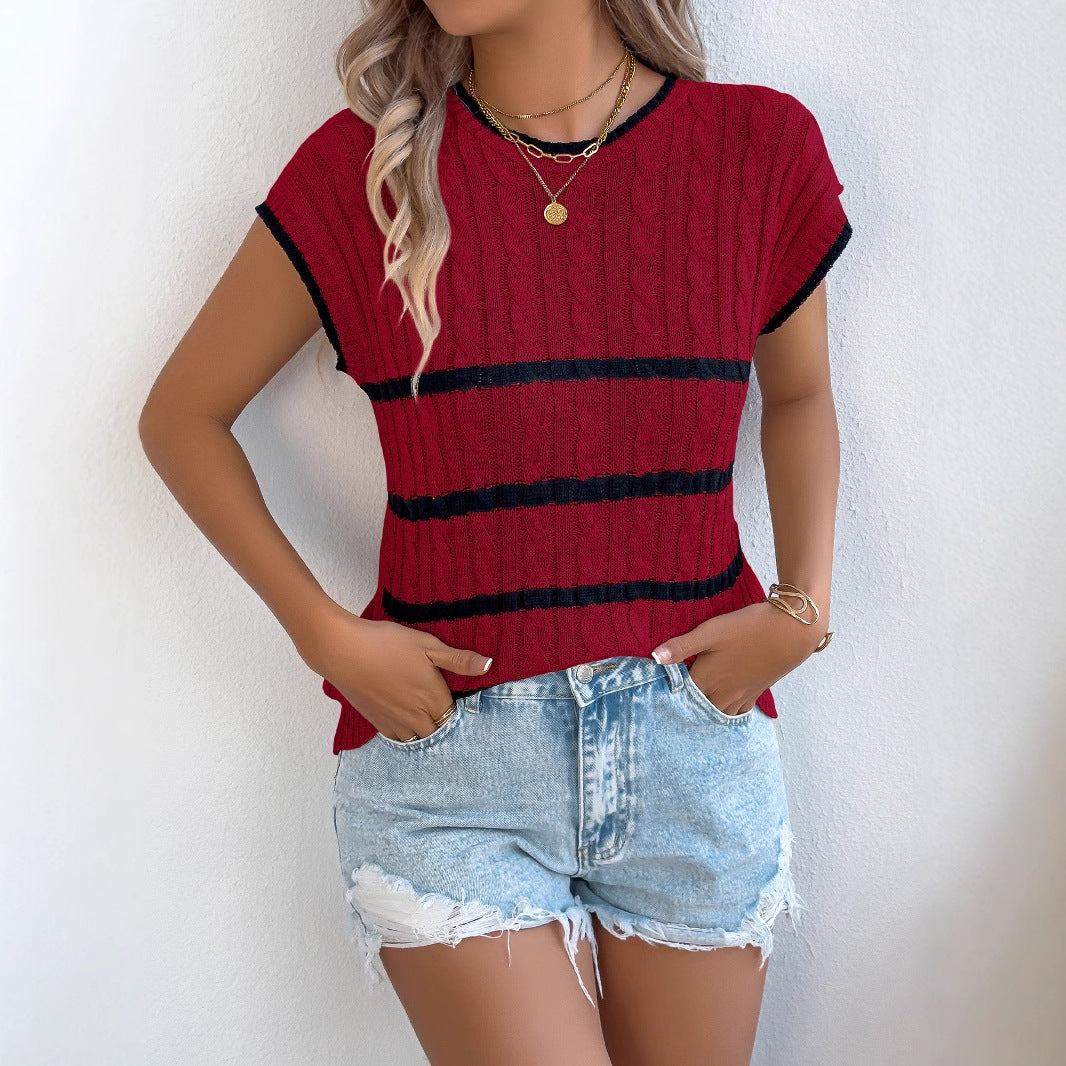 Spring Summer Striped Twist Casual Loose Knitwear Holiday Top Women Clothing